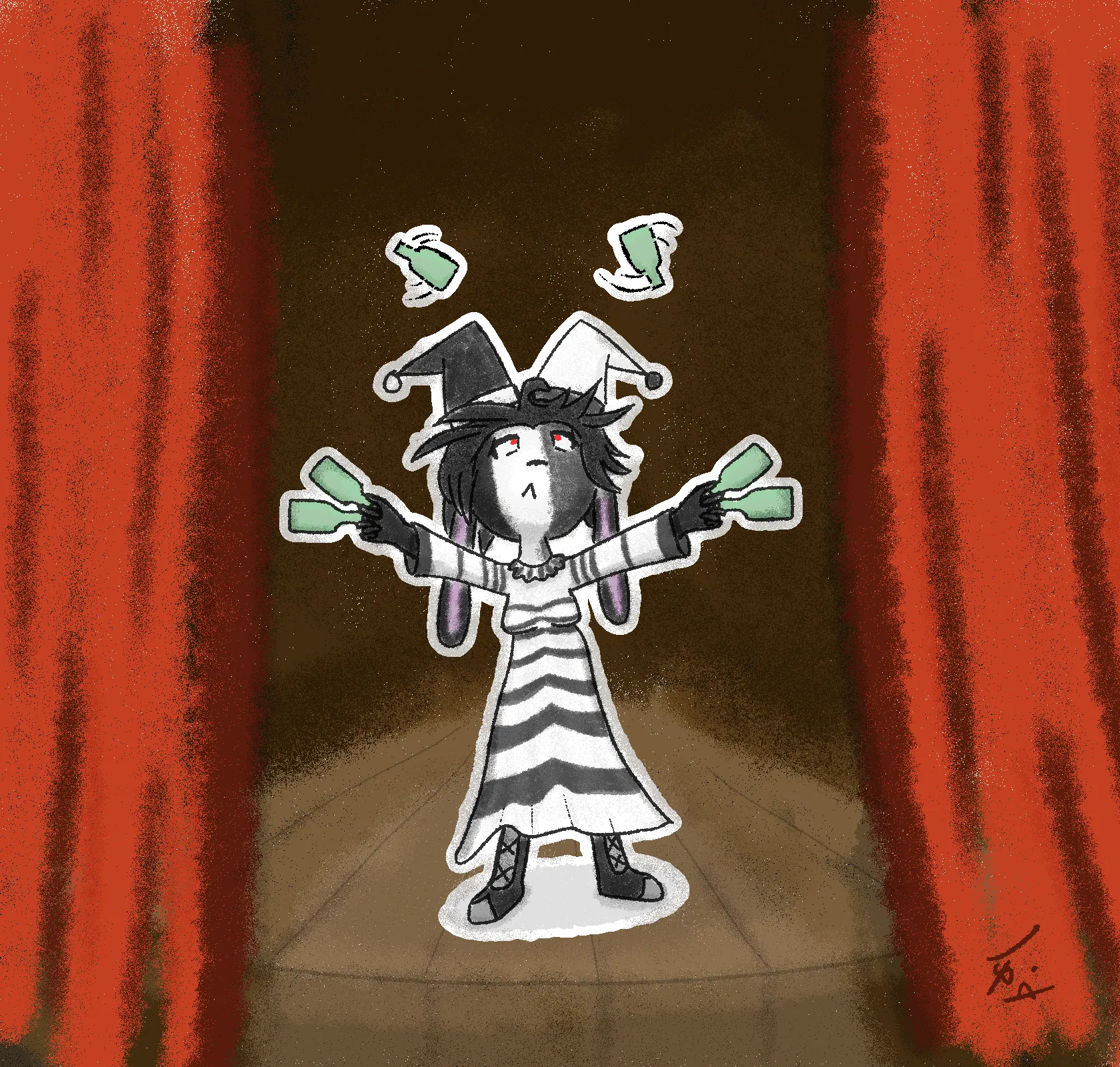 A rabbit juggling bottles