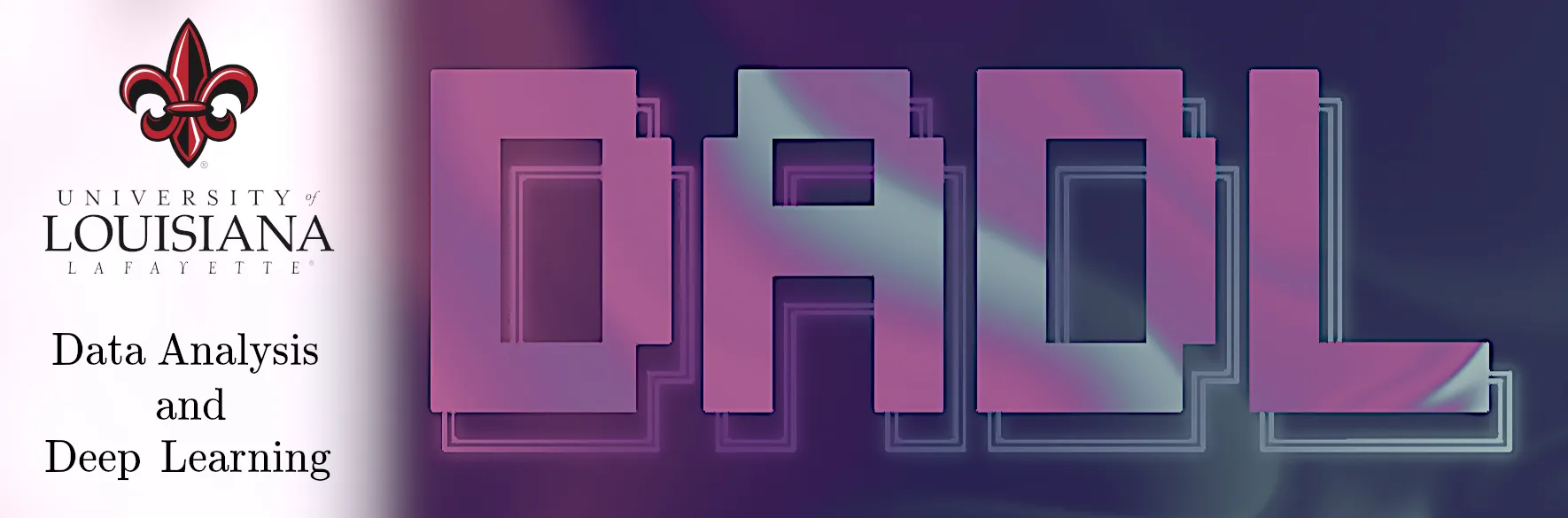 The logo for the Deep Learning and Data Analysis Lab at The University of Louisiana, Lafayette. The logo itself is a popout effect from a wavy, purple and blue background, with the letters "D" "A" "D" "L".