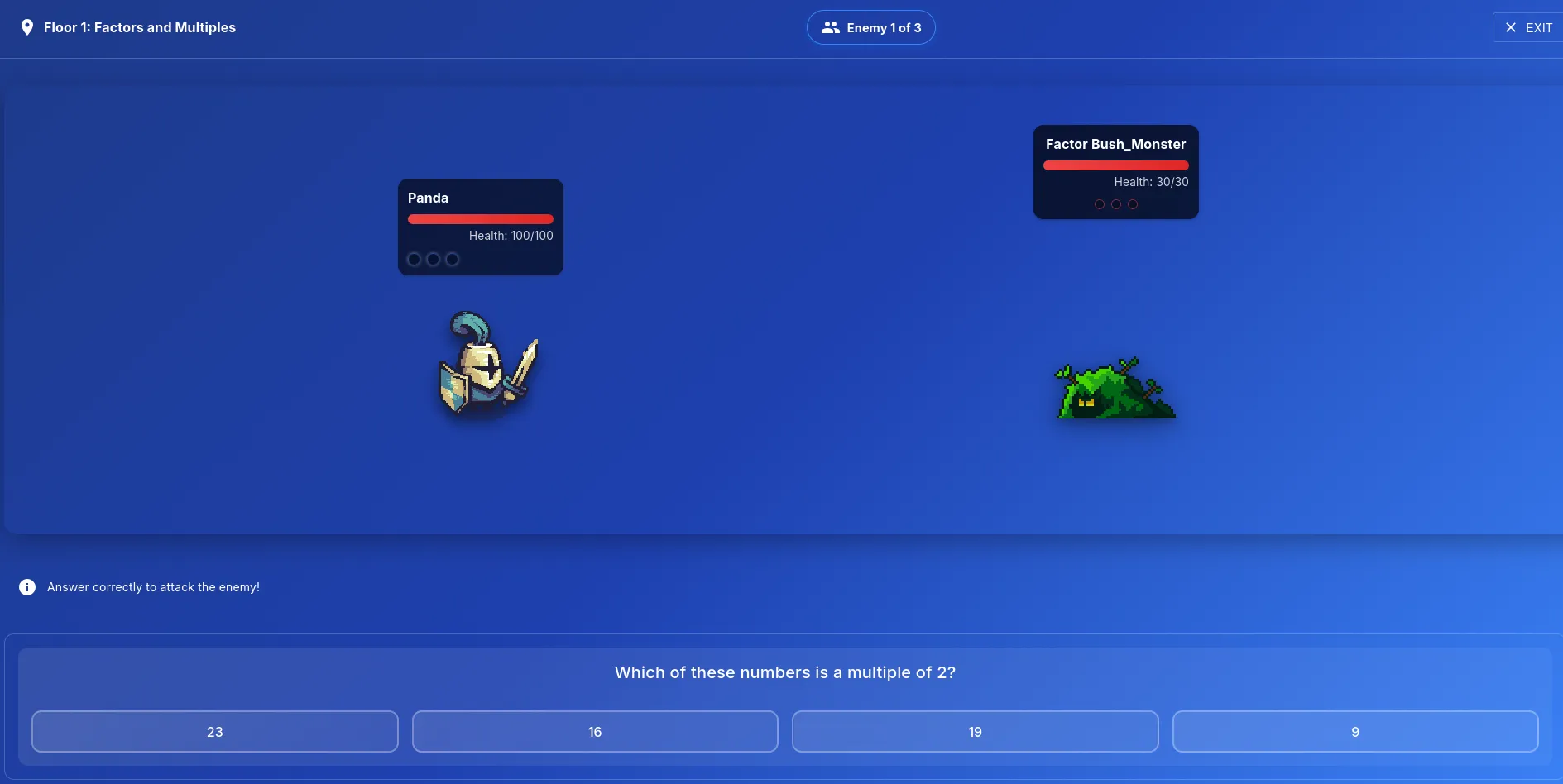 A screenshot of the Ascend combat system, with the protagonist (a knight) on the left, an enemy (a bush monster) on the right, and the attack prompt at the bottom, with the question "Which of these numbers is a multiple of 2?"
