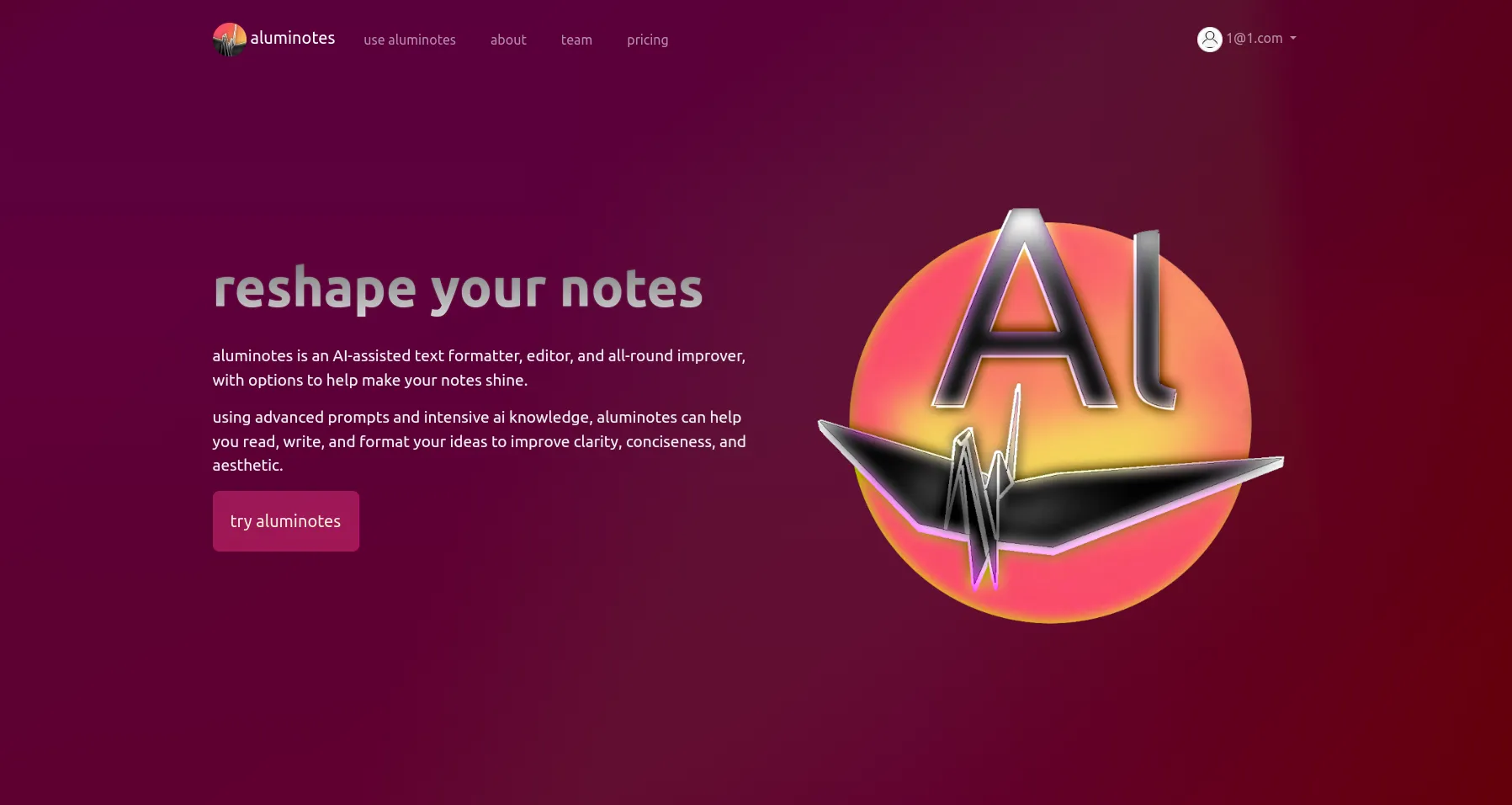 The Aluminotes home page, with the logo on the right (a black paper crane against a bright red-orange gradient) and information about the website on the left.